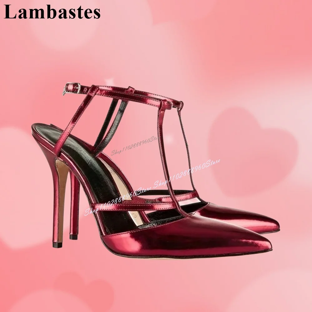 Sexy Style T-Strap Red Metallic Leather Pumps Thin High Heel Women Shoes Ankle Buckle Strap Pointed Toe 2023 Zapatillas Mujer