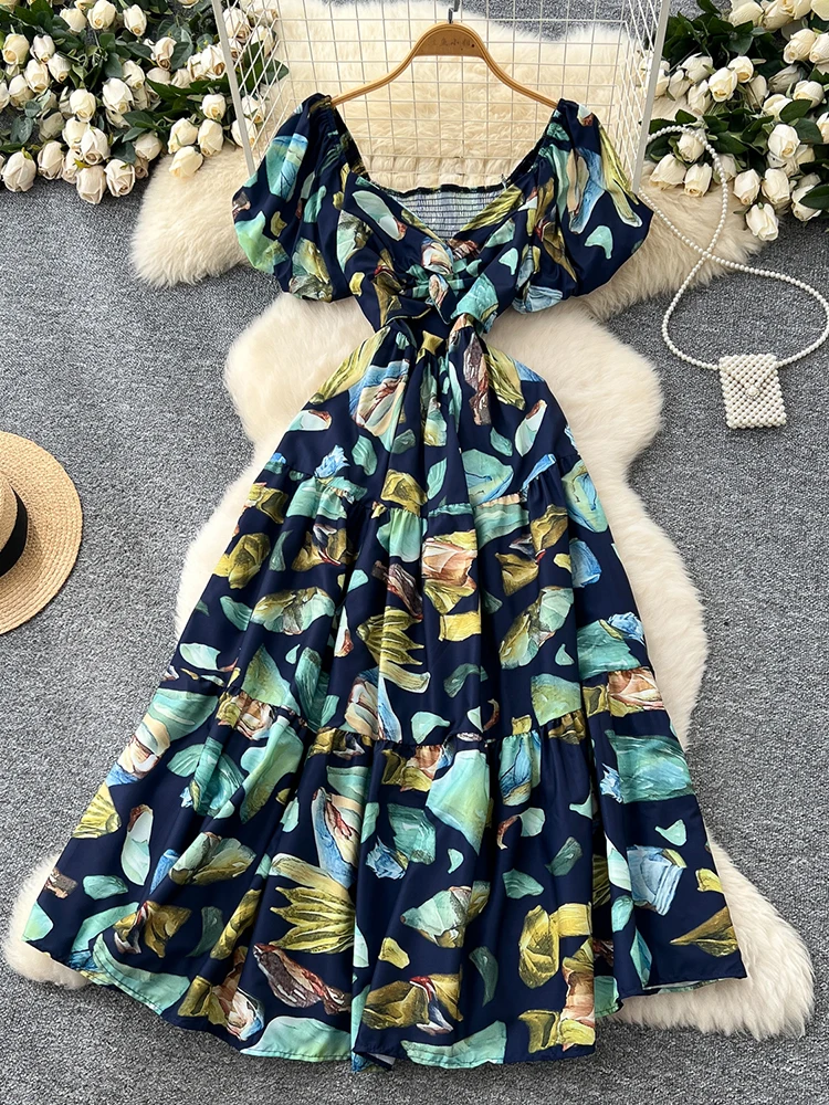 Robe longue à fleurs pour femmes, col croisé, taille cintrée, manches courtes, nouvelle mode, Sexy, plage, vacances, été, Y100