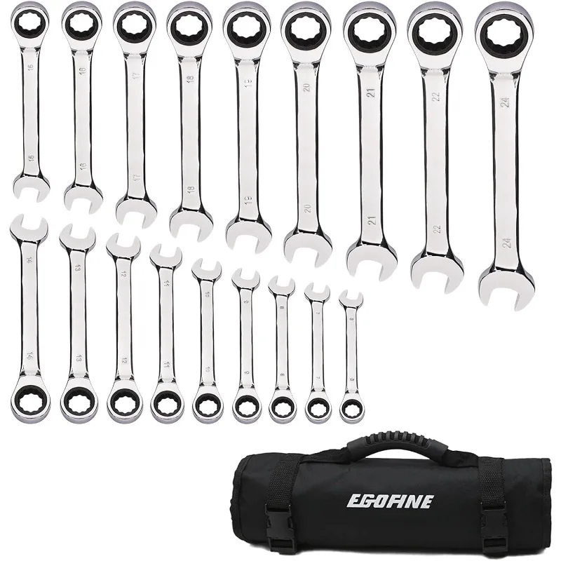 

18pc Metric Wrench Set, 6 mm - 24 mm Chrome Vanadium Steel Ratcheting Wrench Set with a Roll Up Storage Bag