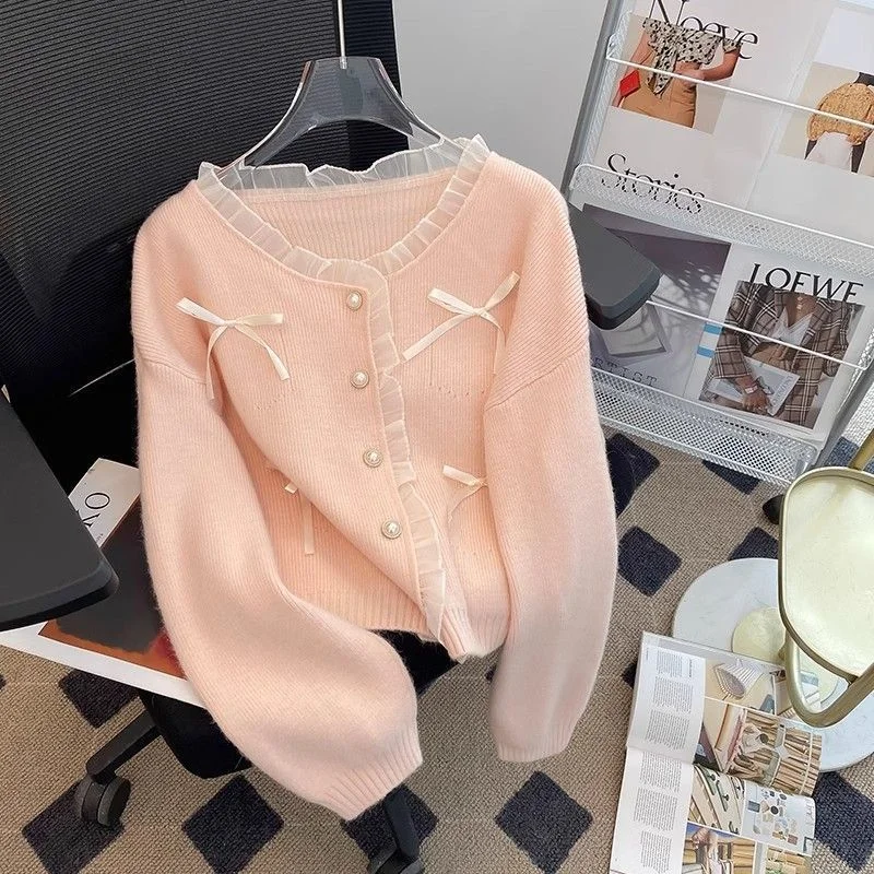 Sweet Bow Sweater Coat for Women in Autumn and Winter Fungus Edge Splicing Age-reducing Knitted Cardigan Top