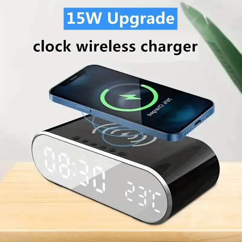 Wireless Charger Alarm Clock Time LED Digital Thermometer Earphone Phone Chargers Fast Charging Station Dock for iPhone Samsung