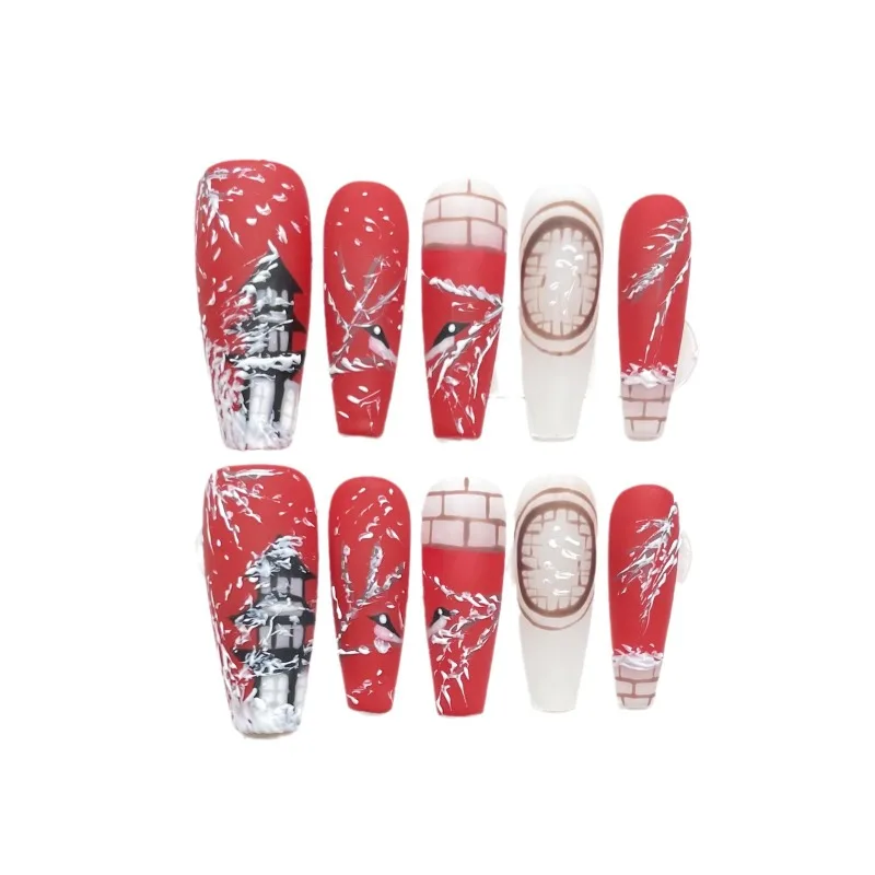 Uñas postizas artificiales de estilo chino, 10 piezas, hechas a mano, color rojo, blanco, nieve, ataúd largo, para pegar a presión