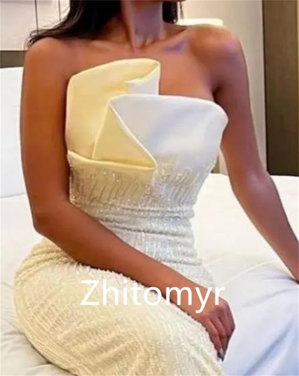 Customized Exquisite Elegant Strapless Sheath Formal Ocassion Gown Paillette / Sequins Fold Anke length Skirts Charmeuse Evening