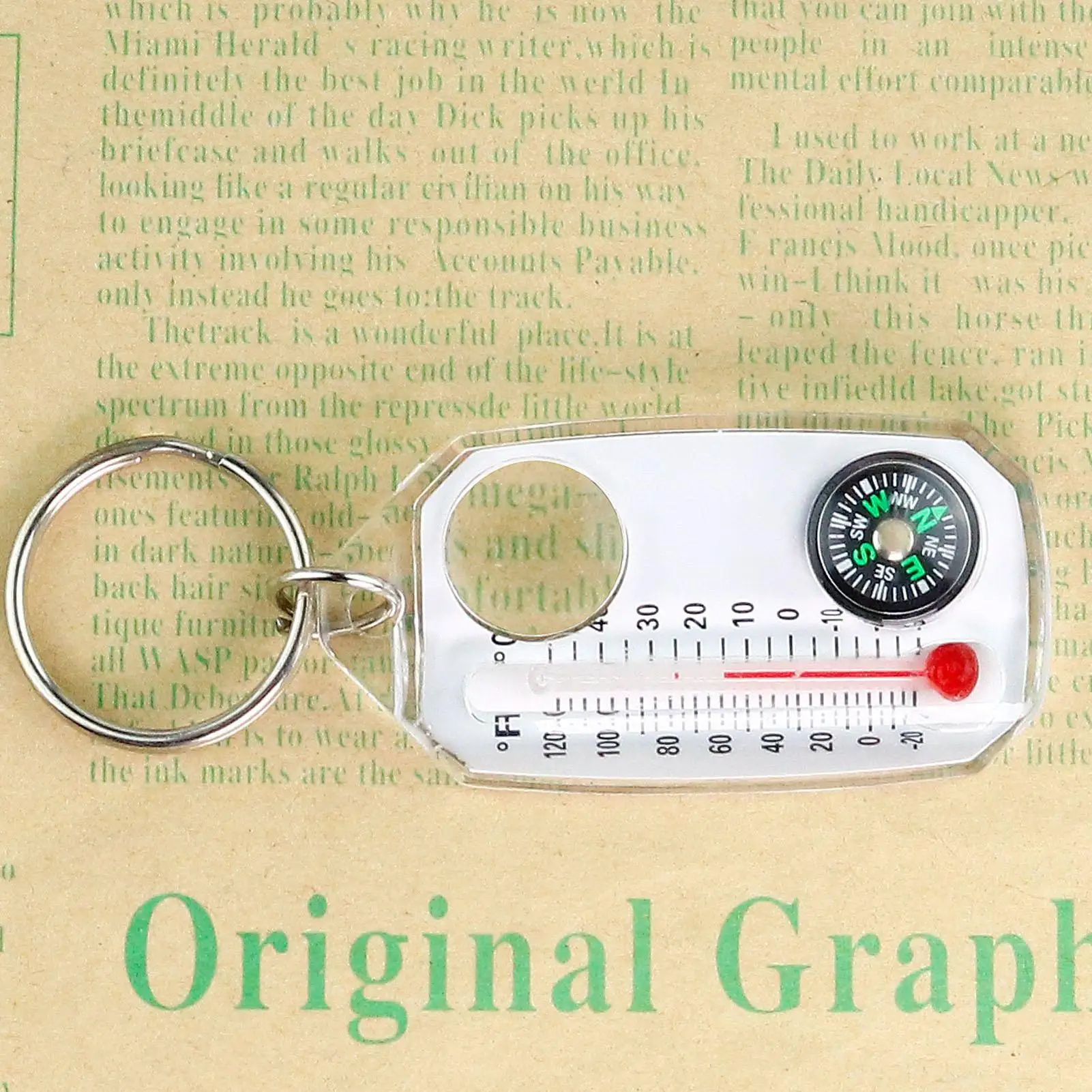 3-in-1 Schlüsselanhänger, Ausgestattet mit einem Flüssigkeits-Thermometer, Zuverlässigem Kompass und Lupe, Geeignet für Reisen und Camping – Detail 15