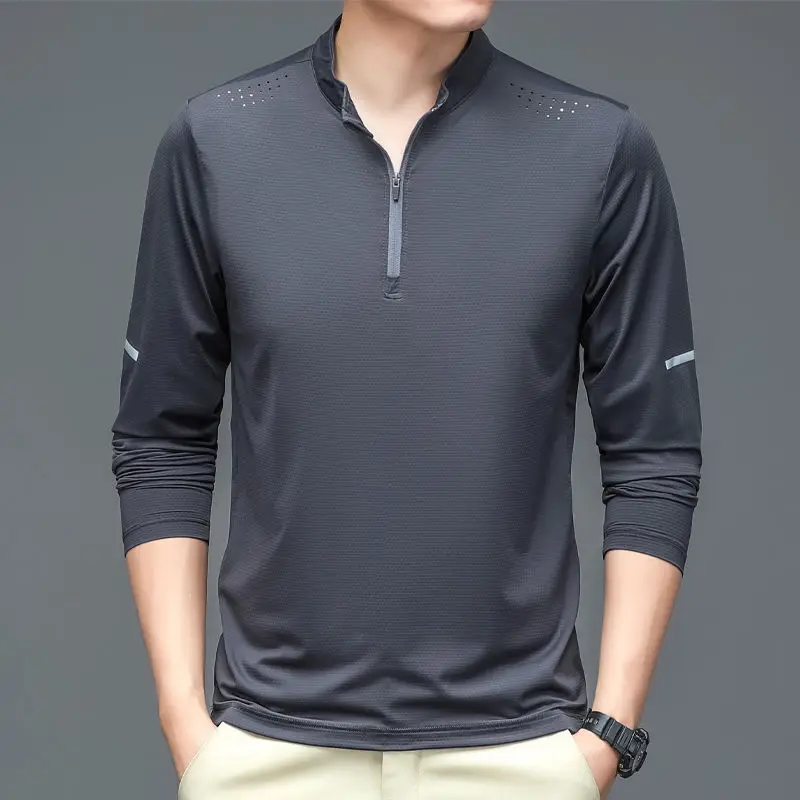 Summer Long Sleeve Ice Silk T-shirt Solid Half Zip Stand Collar Korean New Breathable Sweat Absorbing Sports Quick Dry Thin Tops