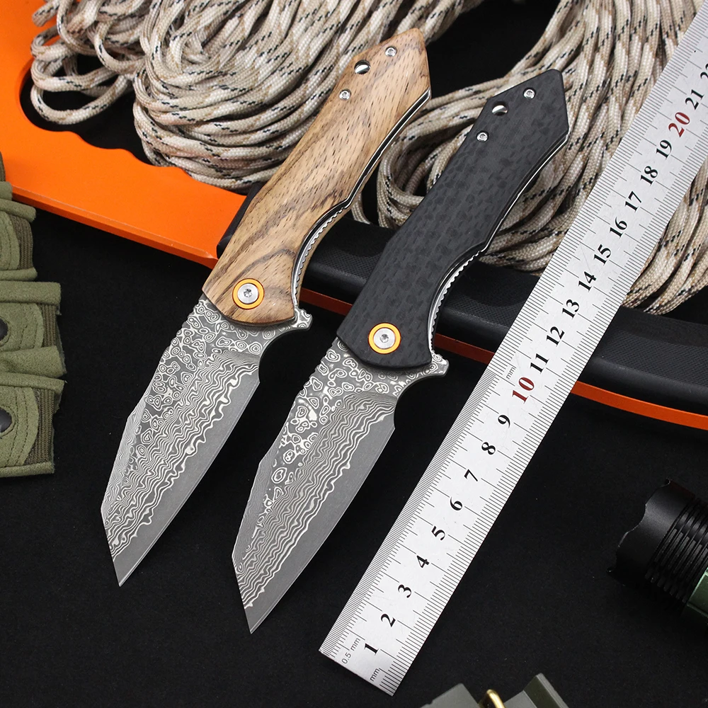 Tunafire Damascus Folding Knife Zebra wood/carbon fiber G10 Handle Hunting Survival Tanto Pocket Knives EDC Hand Tools - view 2