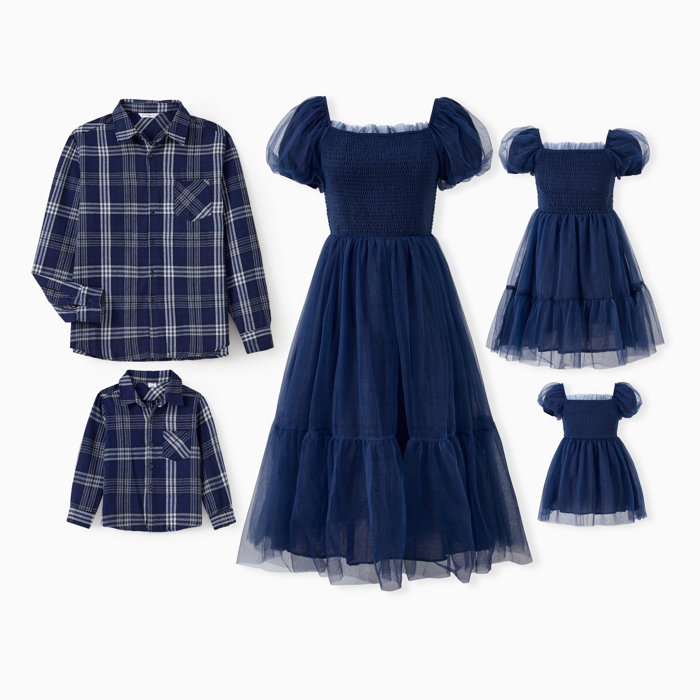 PatPat Family Matching Outfits Plaid Long Sleeves Shirt or Elegant Shirred Bodice Puff Sleeves Tulle Mesh Dress