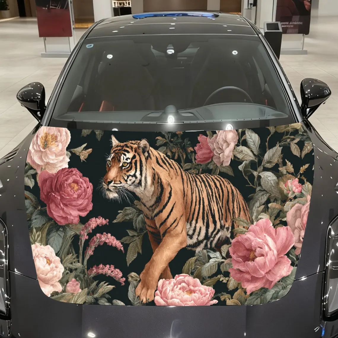 

Car Decal Tiger with Pink Floral Artistic Background & Ferocious-Elegant Aesthetic Car Hood Sticker, Waterproof Self - Adhesive