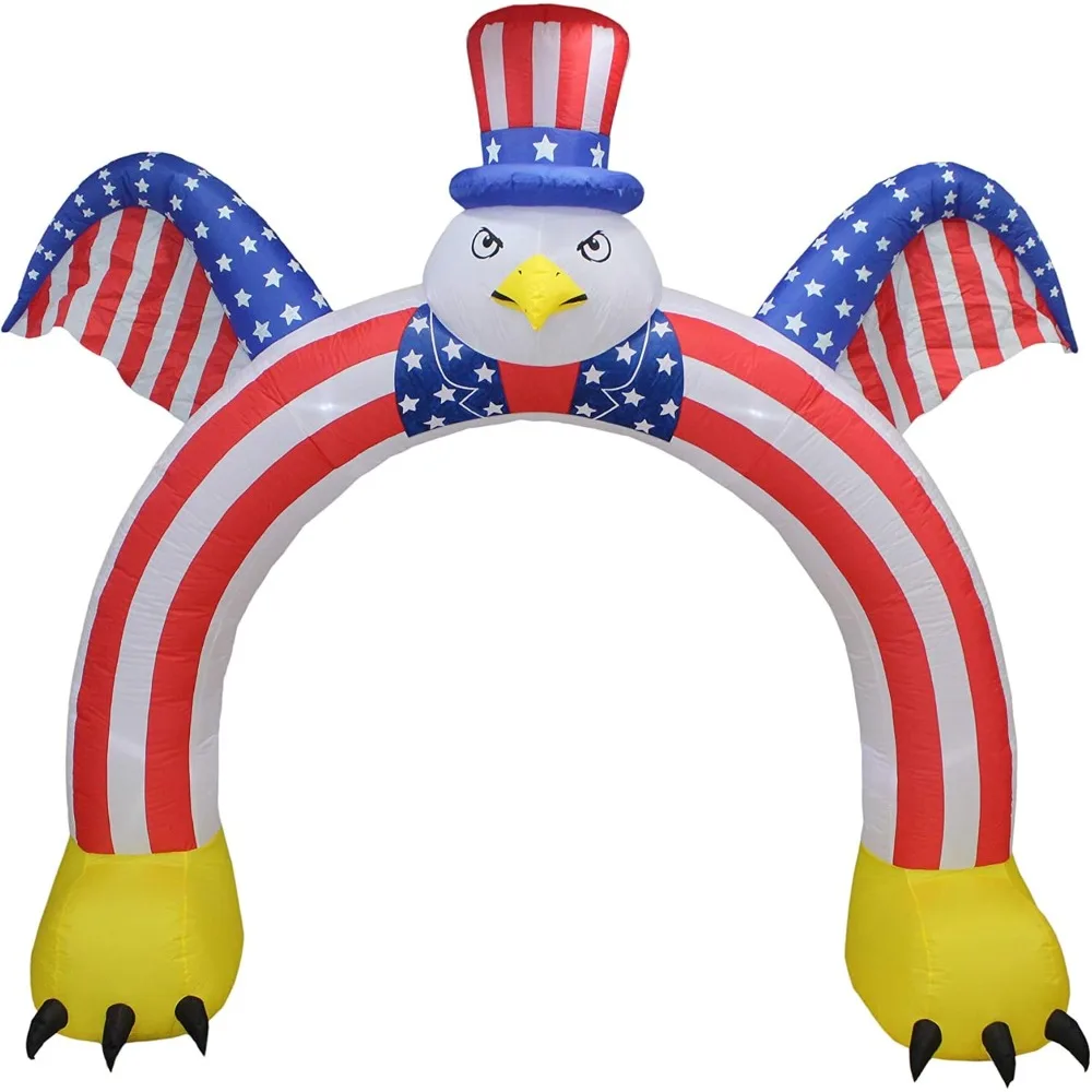 

9 Foot Tall Patriotic Independence Day 4th of July Inflatable Flying Bald Eagle with Hat and American Flag Archway Pre-Lit LED L