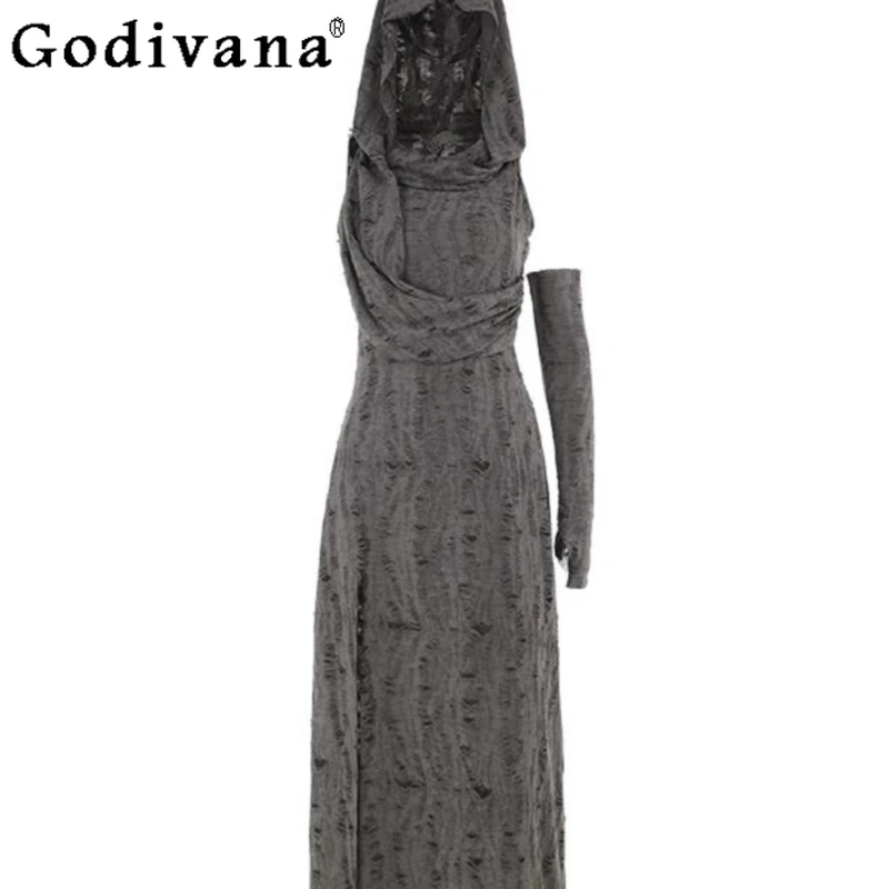 

Wasteland Style Hooded Dress for Women Spring Summer Cosplay Lolita Long Dress Female Street Wear Grey Midi Dress