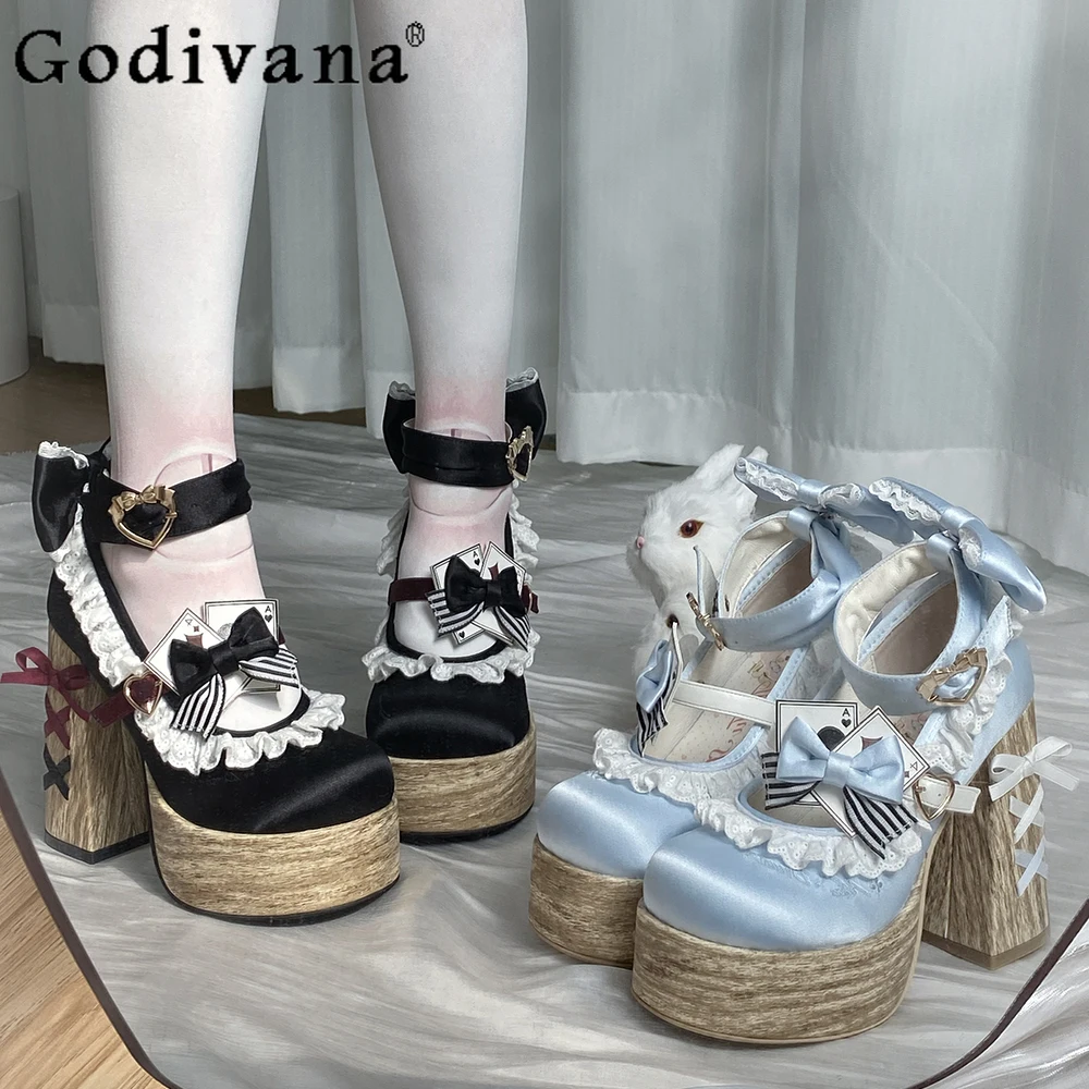 

Original Lolita Sweet Girl Retro High Heels Doll Feeling Bow Lace Satin Single Shoes Mary Jane Heightening Women's Shoes