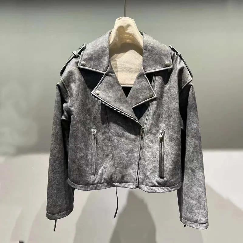 Chaqueta de cuero genuino con cuello vuelto para mujer, ropa Vintage para hacer artesanías antiguas, decoraciones con cordones, abrigo de primavera nuevo