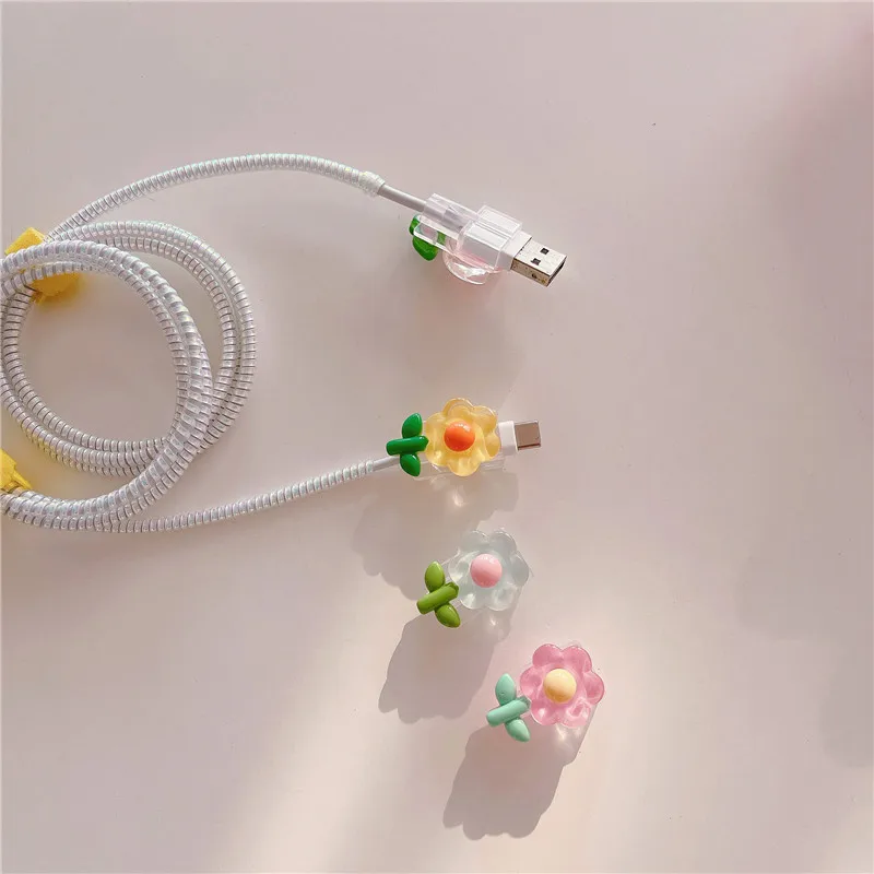 Cute Cable Protector Flower Charger Protector Cable Organizer For iPhone  Android Type C Data Line Cord Protective Cover