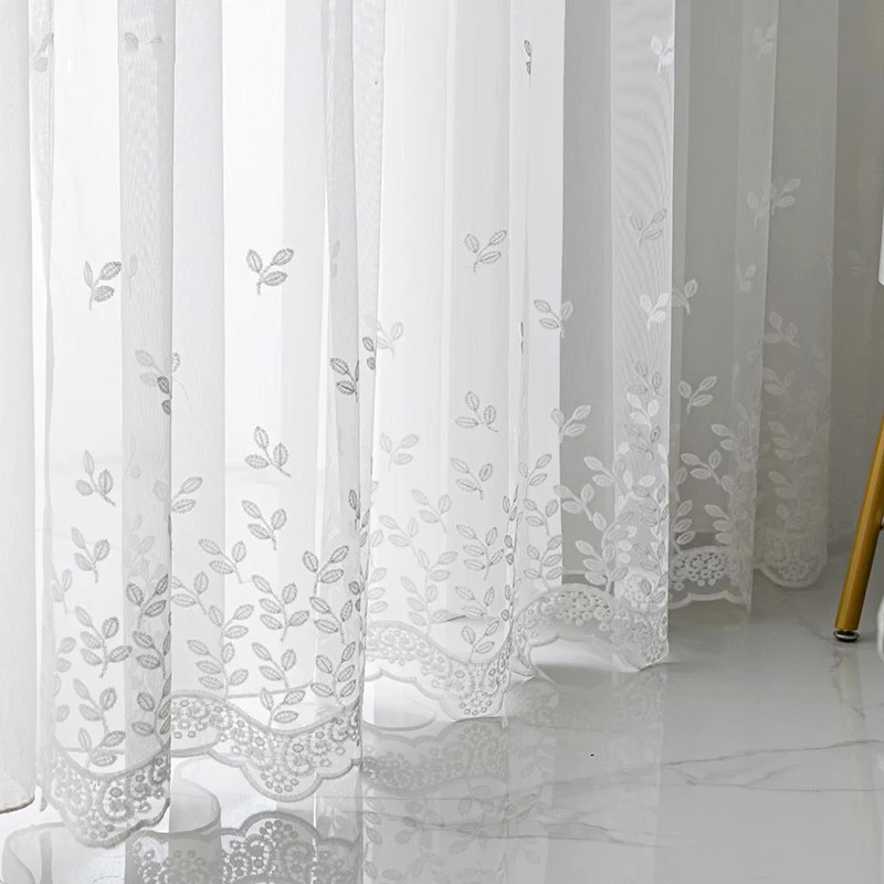 1PC Rustic White Leaves Sheer Curtain For Living Room Mesh Embroidery Voile Bottom Lacework Kitchen Transparent Window Drapes