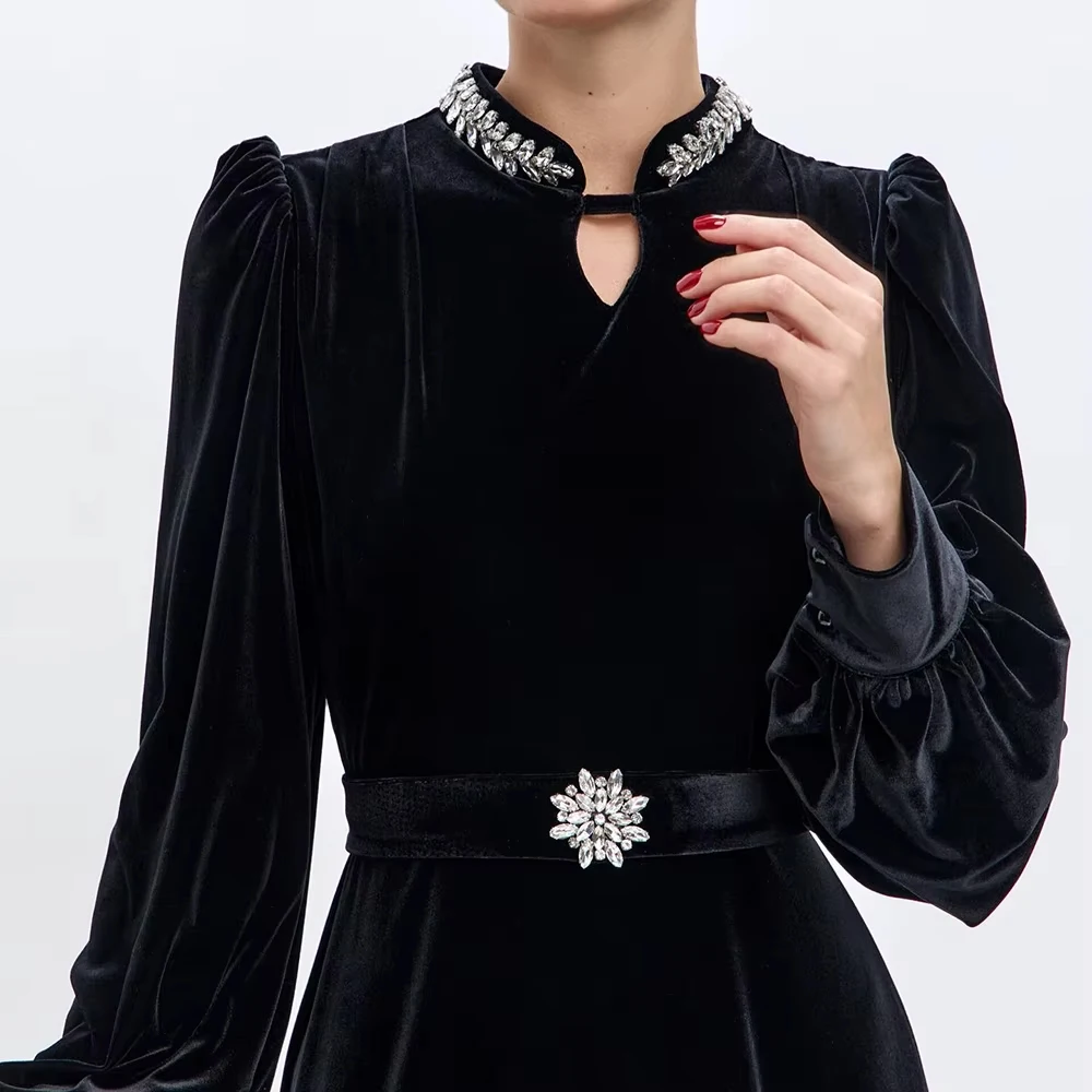 Abiti da sera a trapezio personalizzati Abito da festa a maniche lunghe con collo alto alla caviglia e telai Abito da ballo drappeggiato semplice