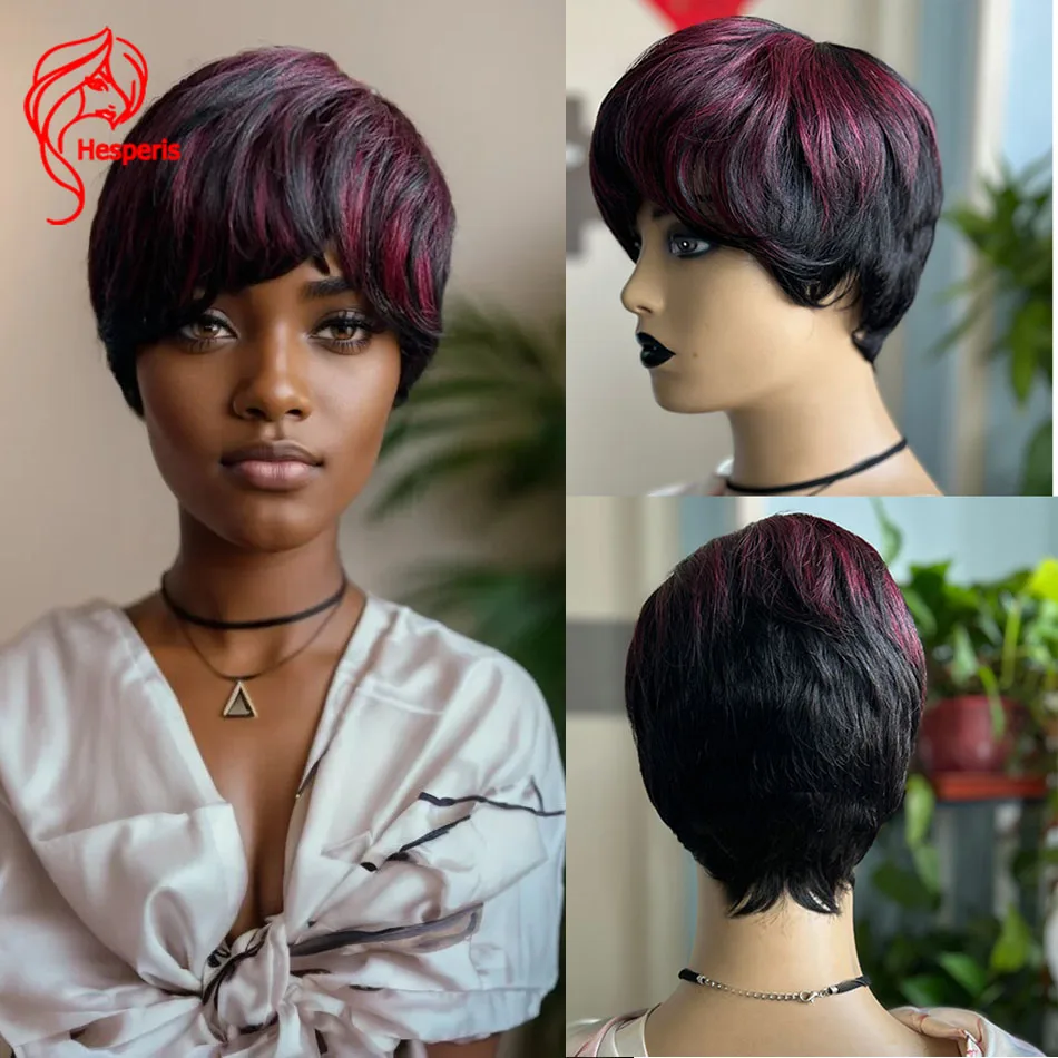 

Hesperis Pixie Cut Human Hair Wig With Bangs Red Highlight SHort Bob Full Machine Made Wig For Women Colored 99J Highlights /1b