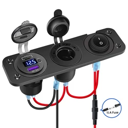 Cigarette Lighter Socket 12V Splitter with Rocker Toggle Switch PD&QC3.0 USB C Outlet with LED Voltmeter Waterproof for Car Boat