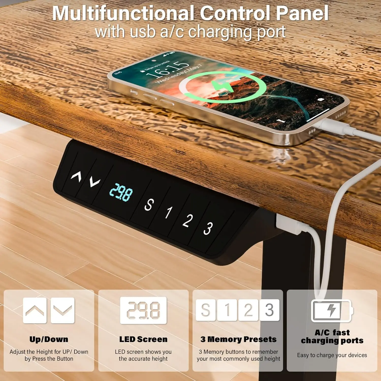 Mesa de pé elétrica em forma de L de 63 * 55 polegadas com altura ajustável, mesa de canto