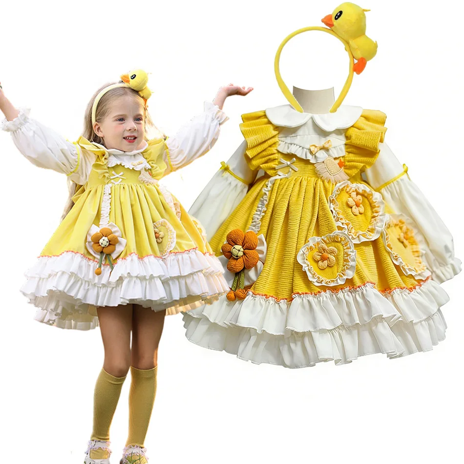 

Girls Sweet Lolita Dress With Duck Hairband Set Toddler Kids Yellow Ruffle Puff Sleeve Princess Dress Birthday Party Costume