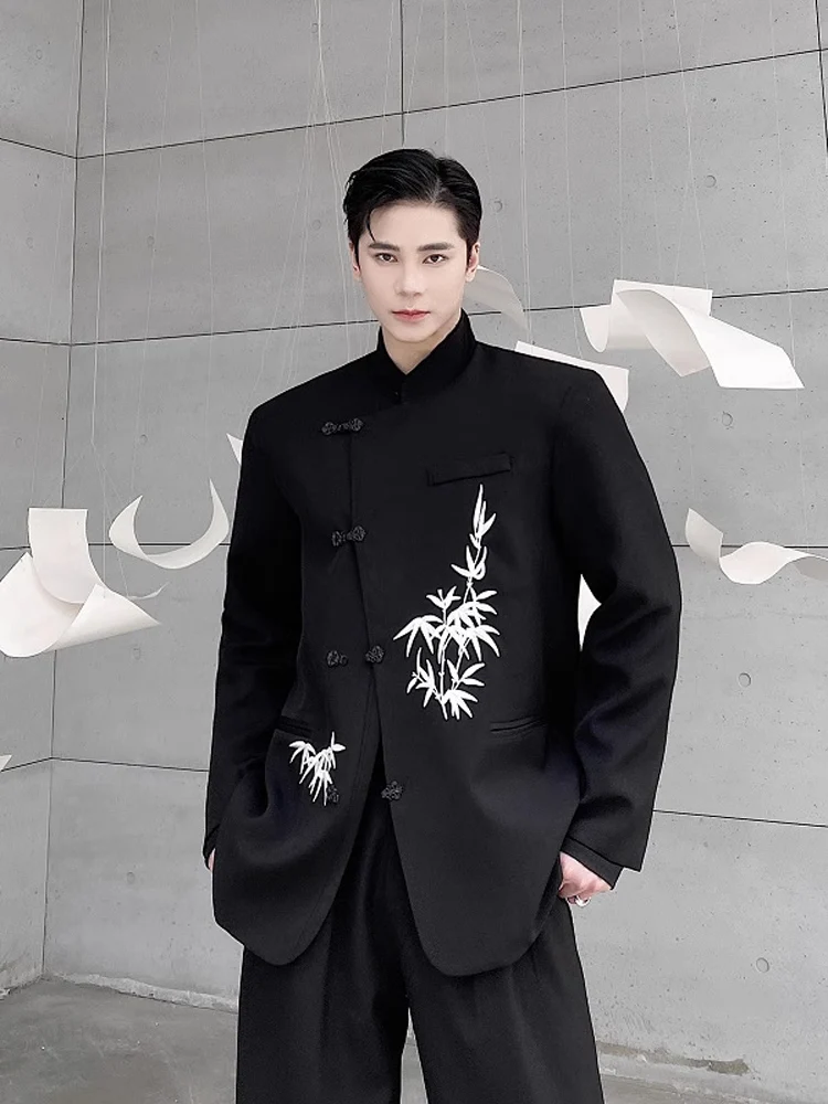 

Spring New Sle Men's Embroidered Western Suit Jaet Stand Collar Retro Metal Button Loose Fit Long Sve Casual Faion