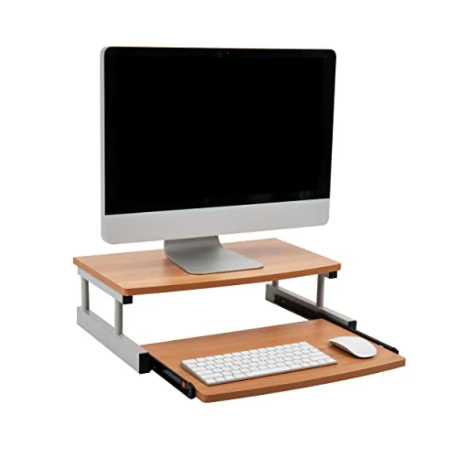 Monitor Stand with Sliding Keyboard Drawer for Laptop Riser Office Desk Organizer Wood Metal 20L x 14.75W x 5.9H Brown Silver