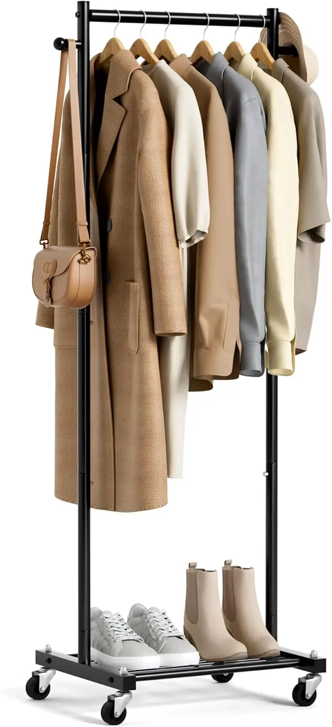 

Портативная передвижная вешалка для одежды на колесиках с полками для небольших помещений, черная, 60-дюймовый металлический органайзер для одежды