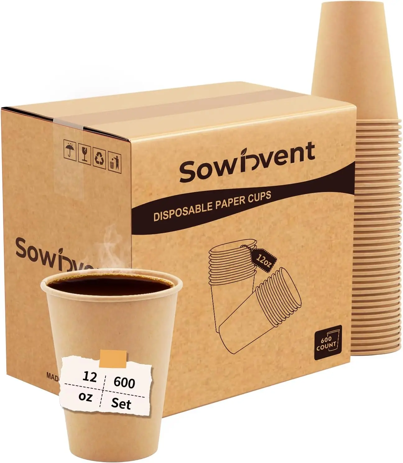 

600 одноразовых бумажных стаканов объемом 12 унций для горячих/холодных напитков, идеально подходят для дома, офиса, путешествий