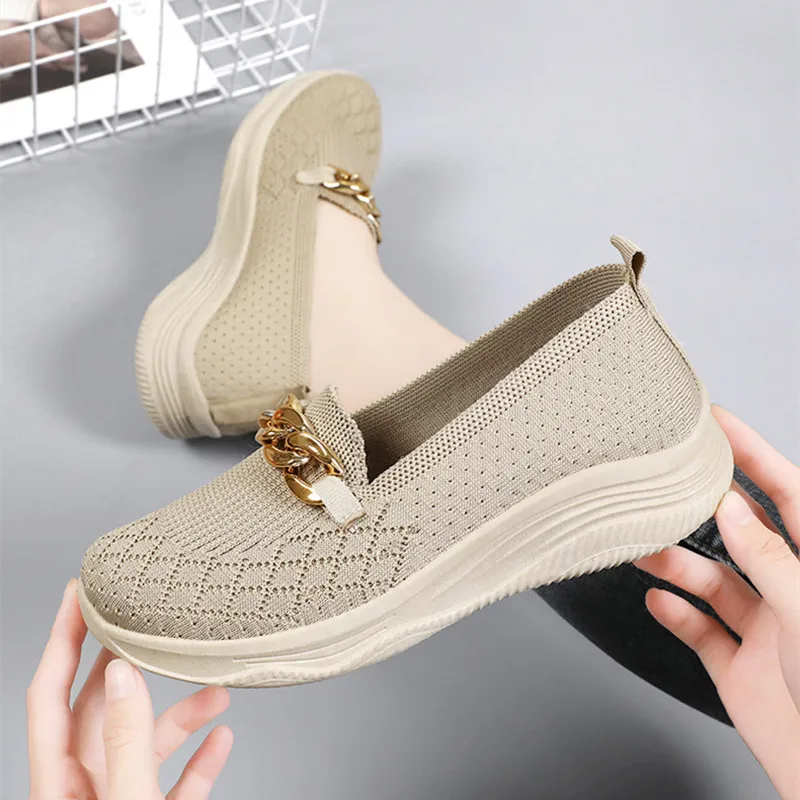 Women Sneakers Fashion Breathable Loafers Women Metal Chain Casual Shoes Slip on Soft Walking Shoes Flats Woman Zapatillas Mujer