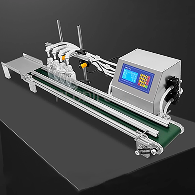 

200 Вт 4-головная машина для розлива жидкостей, английская версия, автоматическая конвейерная система, наполнитель жидкости для бутылок, банок, контейнеров 220 В 110 В