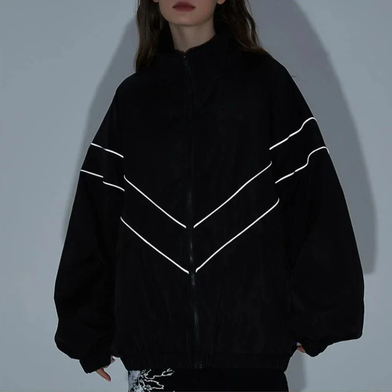 New Autumn Solid Color Reflective Stripe Windproof Jacket Hip Hop Street Style Sports Black Blue Lightweight Comfortable Jacket