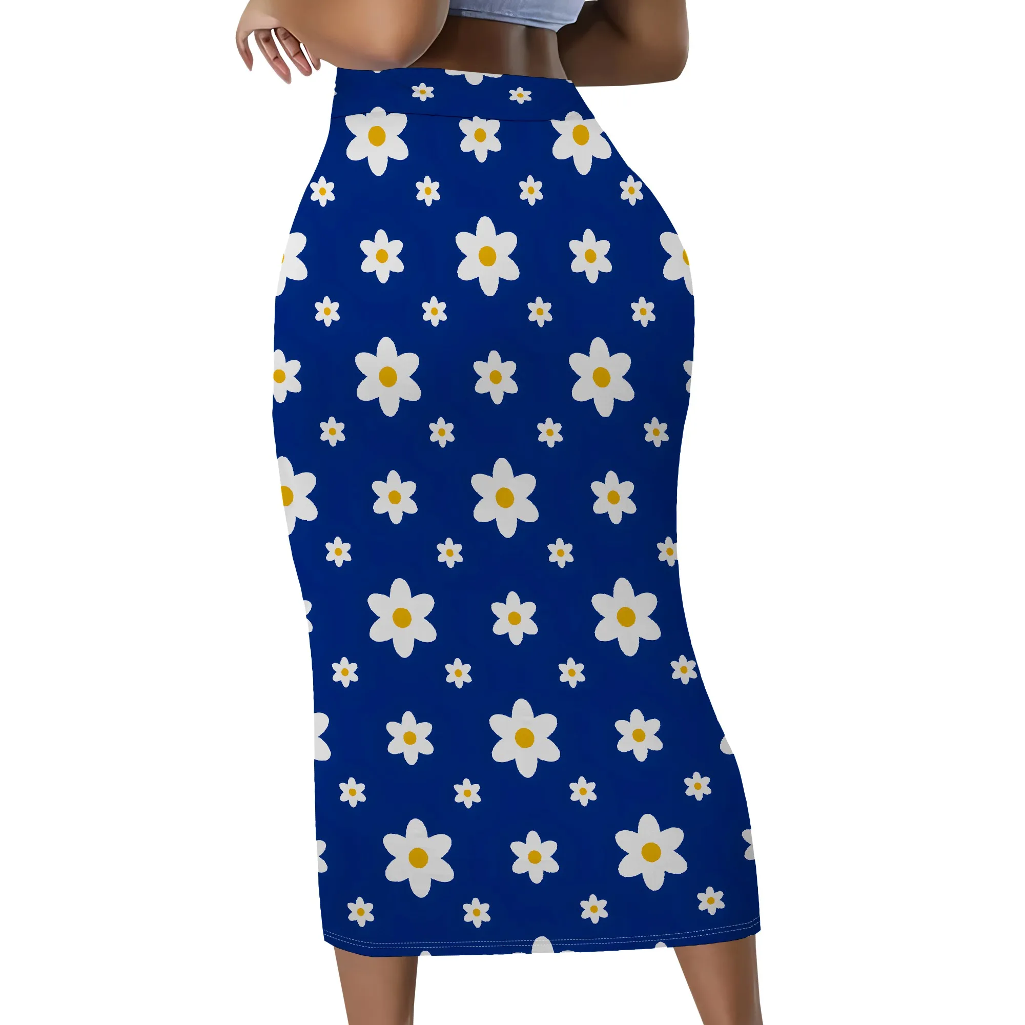 Gänseblümchen-Print, Rock, Blumenmuster, Midi-Länge, Dehnbarer Stoff, Freizeitkleidung, Büro-Outfit, S-2XL – Detail 3
