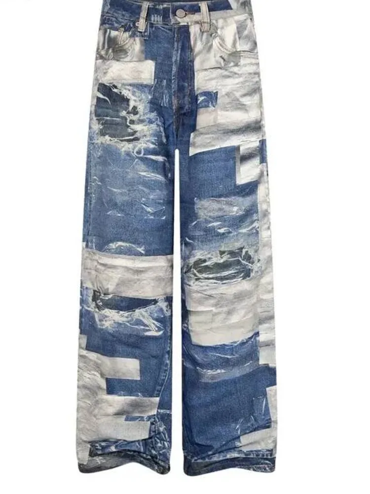 Fashion Washed 3D Printed Men's Jeans Loose Straight Trousers Patchwork Distressed Denim Pants 2026 Autumn New LIJ09