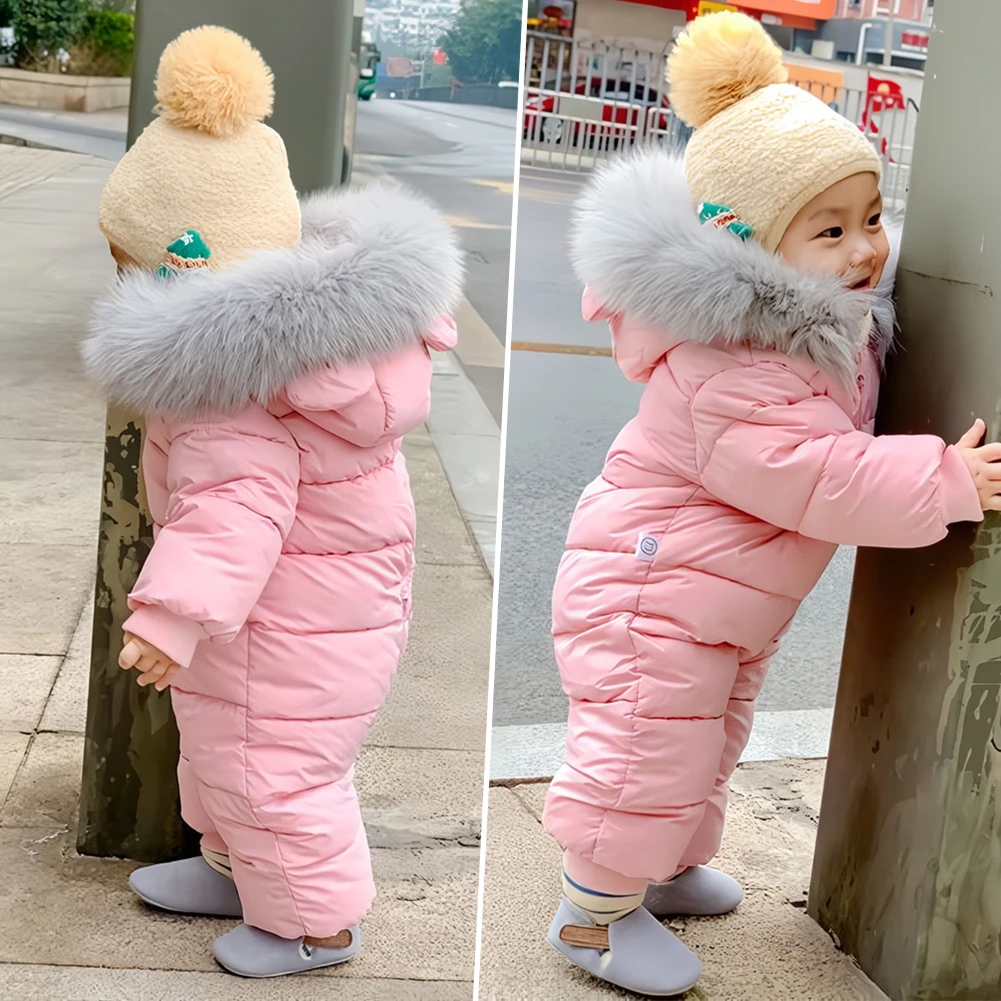 Baby Fur Hooded Jumpsuit Waterproof -30 Degrees Snowsuits Toddler Children\'s Winter Overalls Infant Boys Girls Down Jacket 1-3T