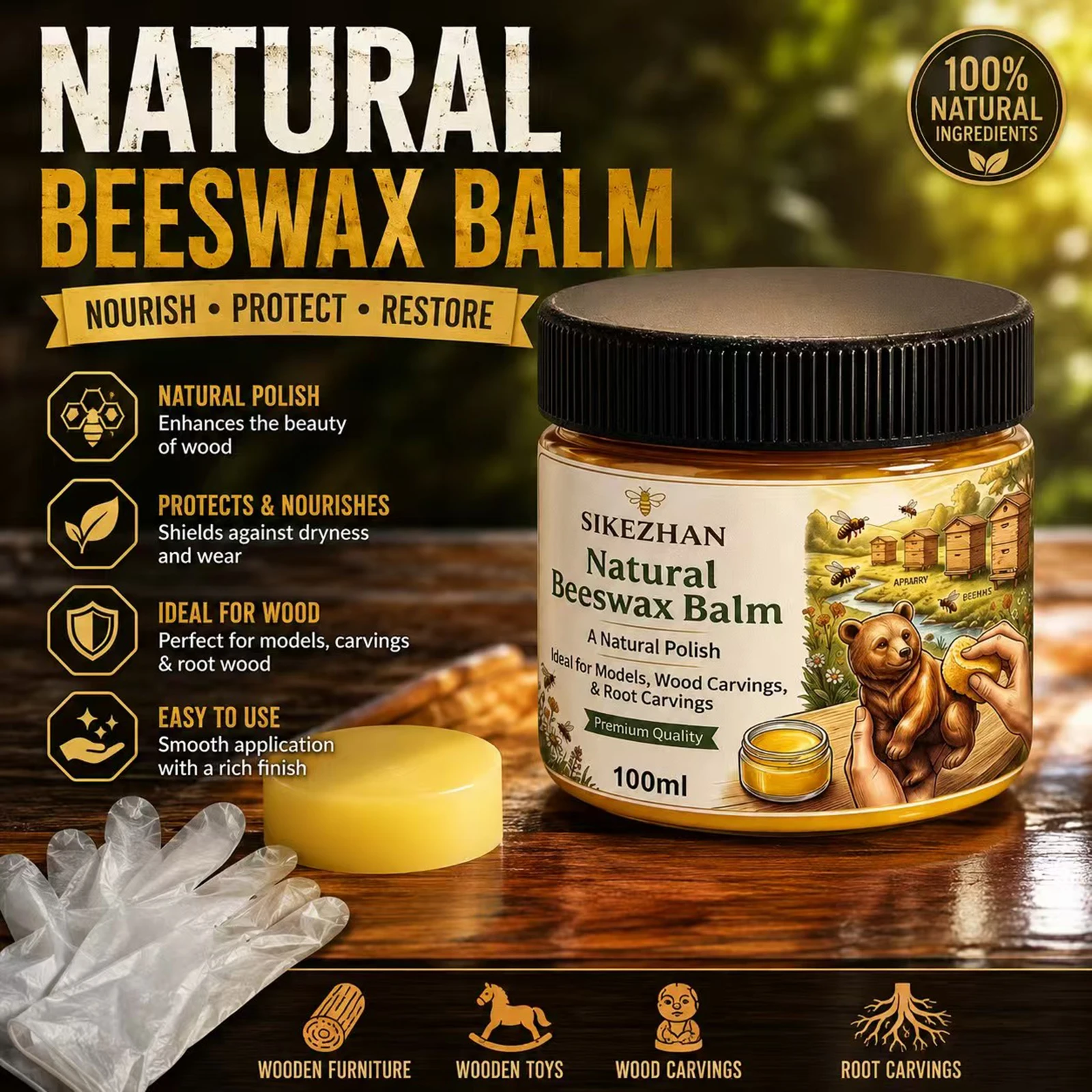 Natural Beeswax Wood Polish Balm Wax Conditioner 100ml for Carvings Models Crafts Restorer Protective Polish Kit with Sponge