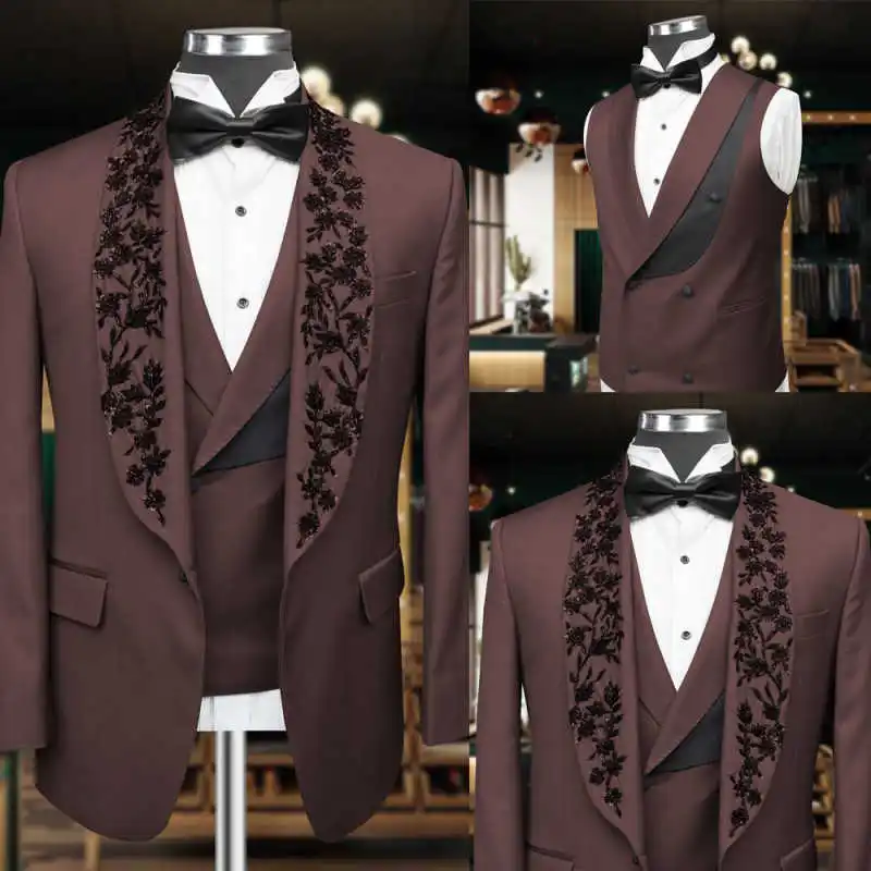 Diamond Women Suits 3 Pieces Sets Shawl Collar Groom Wedding Tuxedo Male Prom Blazer Slim Fit trajes para hombr Customized