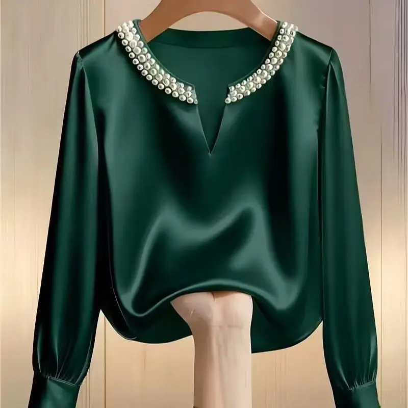 2026 Autumn New Fashionable Bright Line Decoration Diamonds Blouse Women Clothing Elegant Solid Color V-neck Long Sleeve Shirts