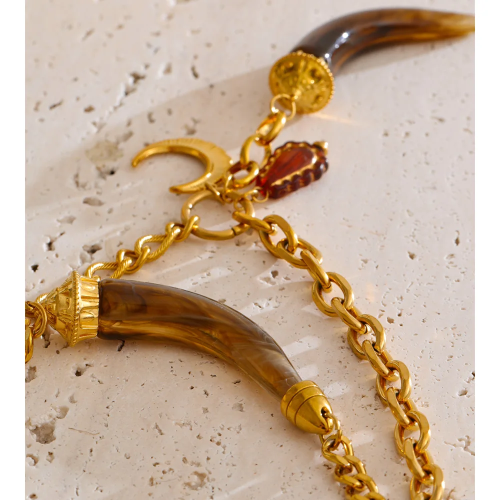 Yhpup New Arrival Stainless Steel Double-Layer Resin Horn Pendant Necklace 18K Golden PVD Plated Waterproof Charm Jewelry Gift
