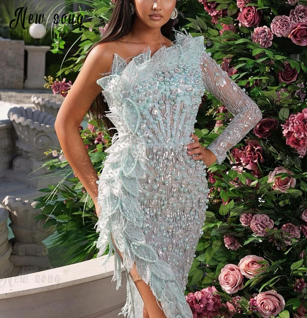 Beautiful Blue High Slit Prom Dresses With 3D Leaf Customized Beaded Wedding Party Gowns Robes De Soirée Dubai Pageant Dresses