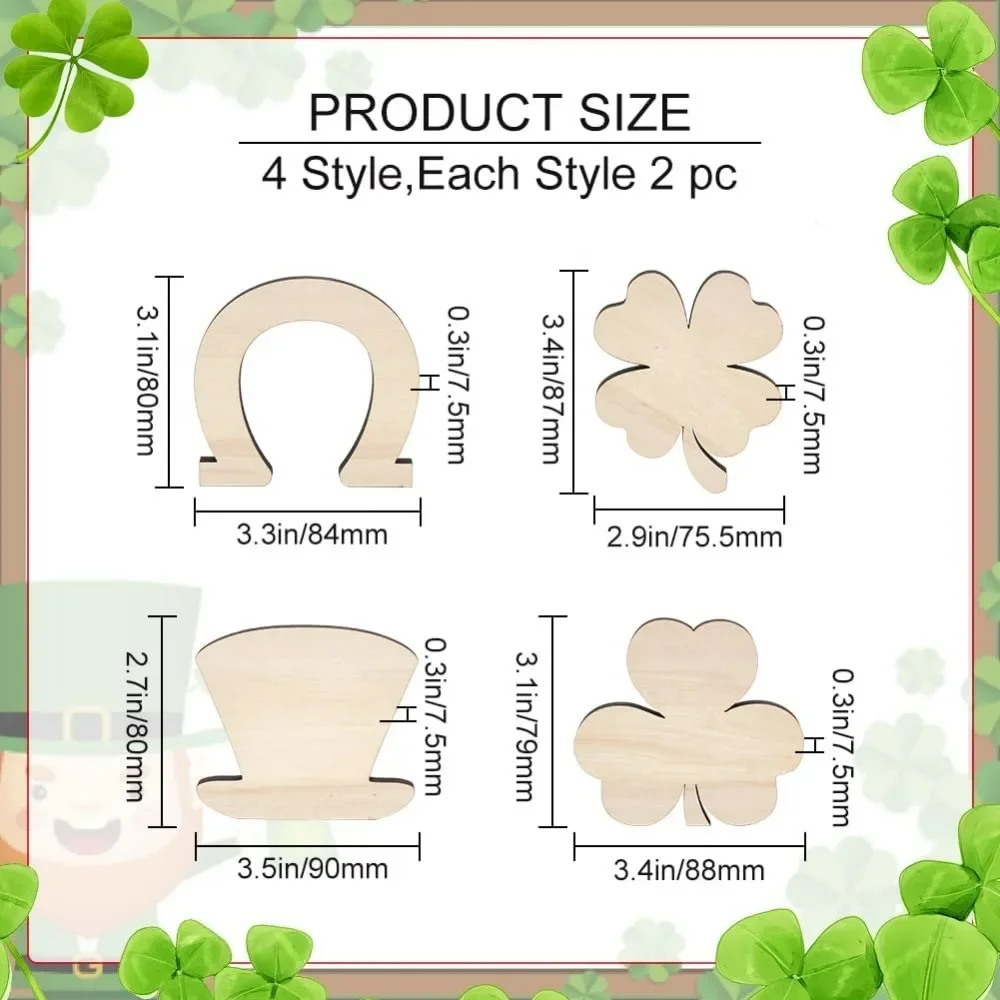 8pcs Shamrock Wooden Cutouts Unfinished Wood Shamrock Clover Cutouts Shamrock/Horseshoe/Four Clover/Hat Ornaments for DIY Craft