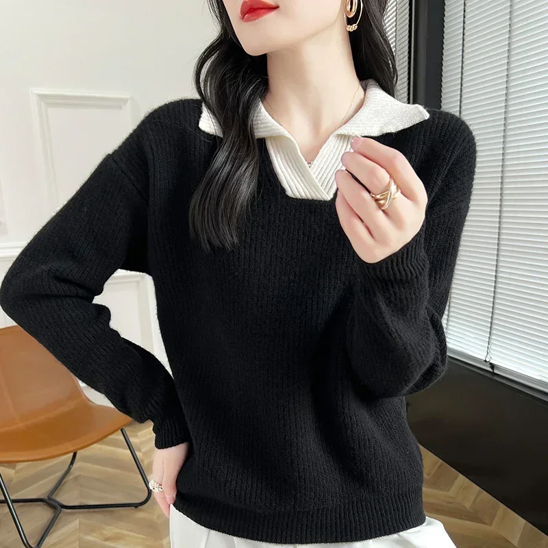 Autumn Winter New Women's Sweater Flip Collar Color Block 100% Cashmere Sweater Women's Long Sleeve Top Loose Casual Sweatshirt