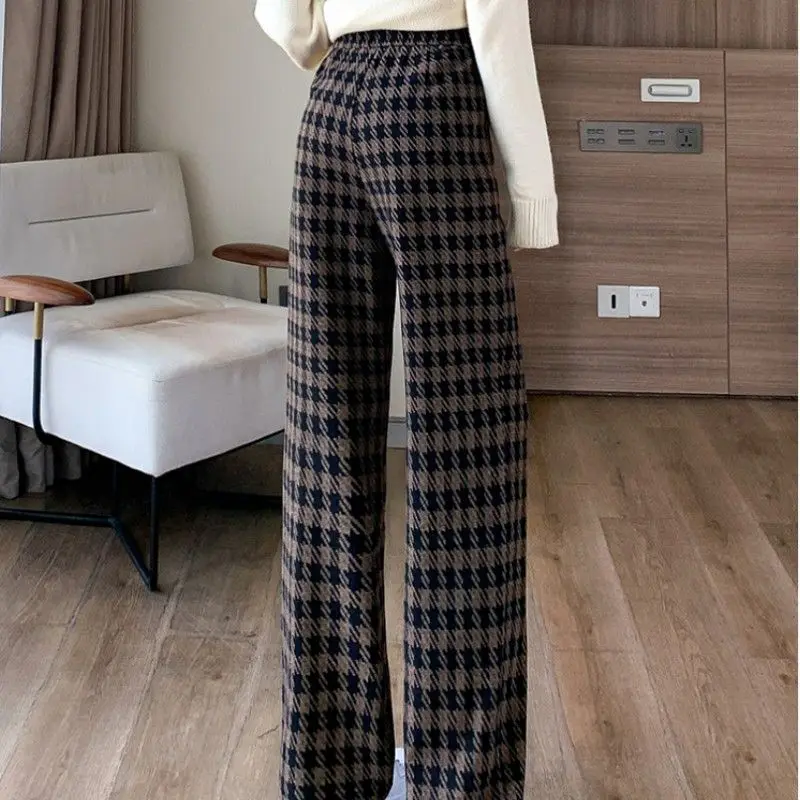 Simplicity Vintage Autumn New Pants Women Plaid Drawstring Elastic High Waist Fashion Straight Casual Loose Wide Leg Trousers