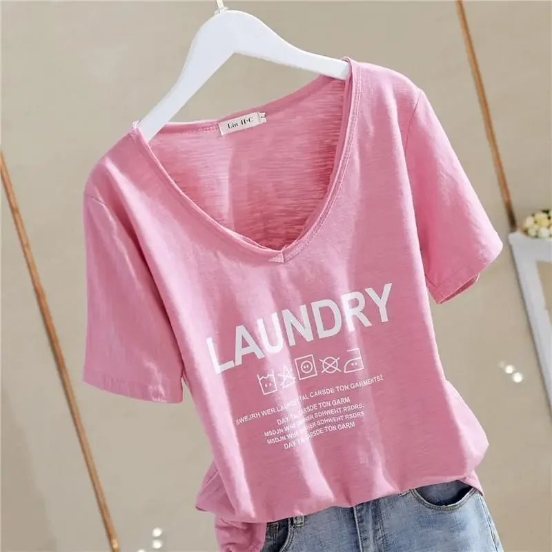 100% Cotton T Shirt Women Fashion Design Letter Printed T-shirt Casual V-neck Short Sleeve Tops Summer Trend Thin Tshirt Y2k Top