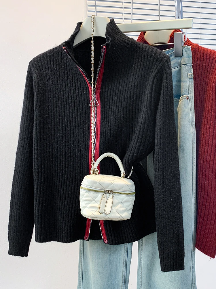 Fashionable Color Block Double Zipper Knitted Cardigan Women's Slim Fit Short Outerwear Autumn Style Stand Collar Sweater