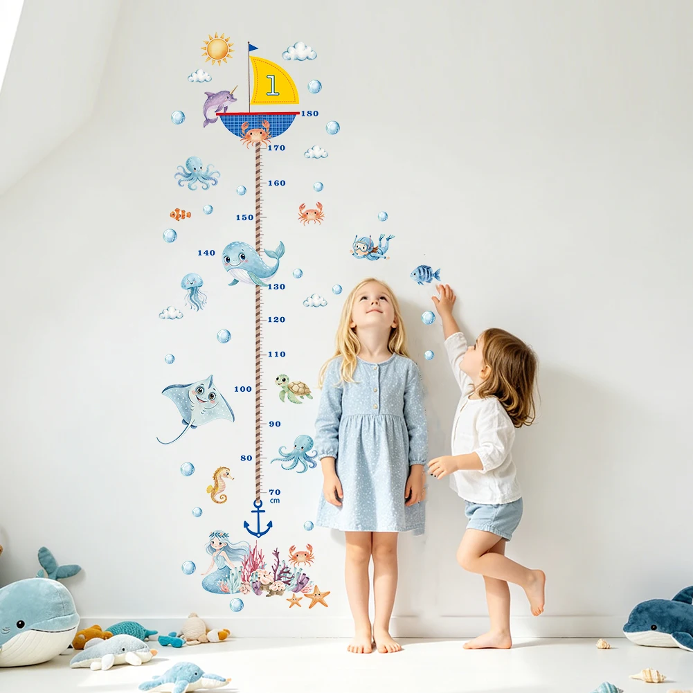 Ocean Sea Animal Growth Chart Wall Stickers Whale Mermaid Height Ruler Kids Nursery PVC Wall Decal