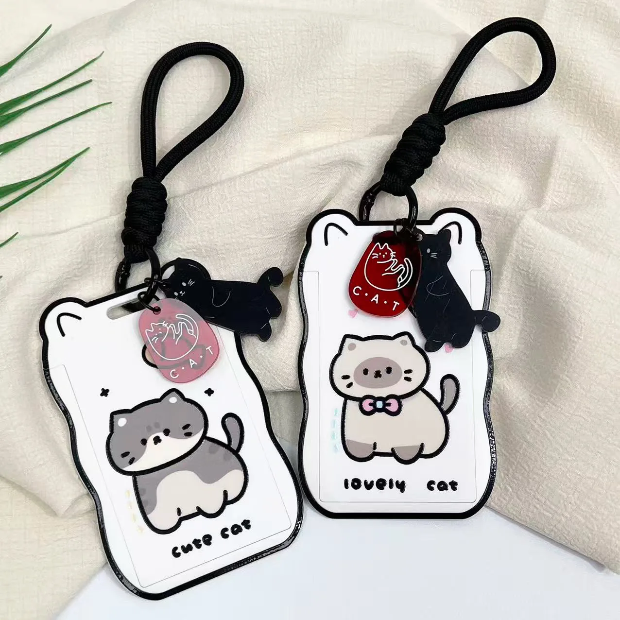Cute Cat ID Badge Holder Sliding Cover Hard ABS Card Protector for Student School Office Work ID Bus Pass