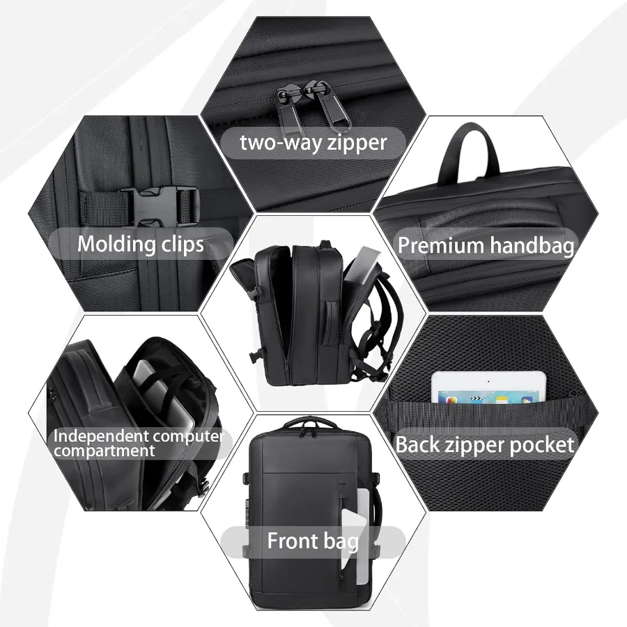 حقيبة ظهر للكمبيوتر للسفر محكمة الغلق ومقاومة للماء مع مضخة تفريغ ومقصورات متعددة وقفل مجمع مضاد للسرقة باللون الأسود #2