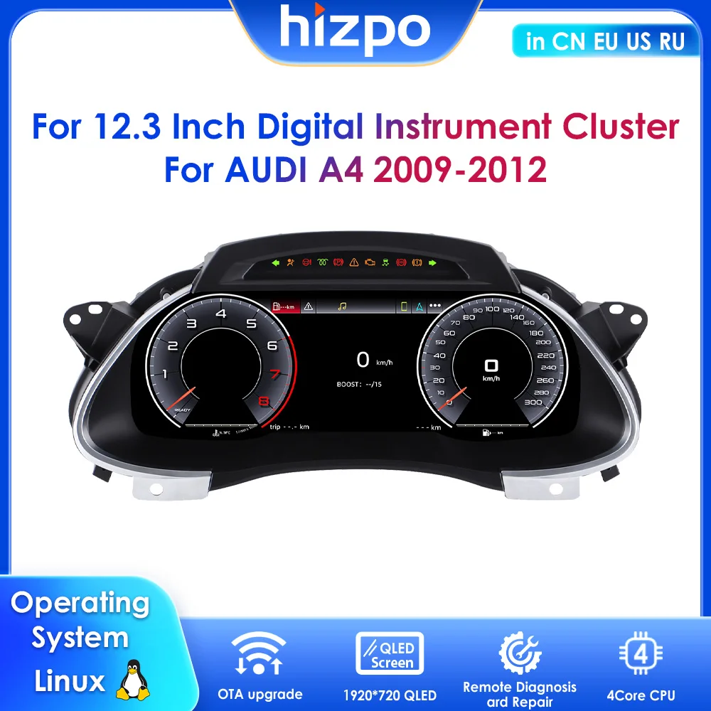 

12.3" Digital Instrument Cluster For For Audi A4 2009-2012 Support Carplay Android Auto HDMI Input LCD Screen Virtual Cockpit