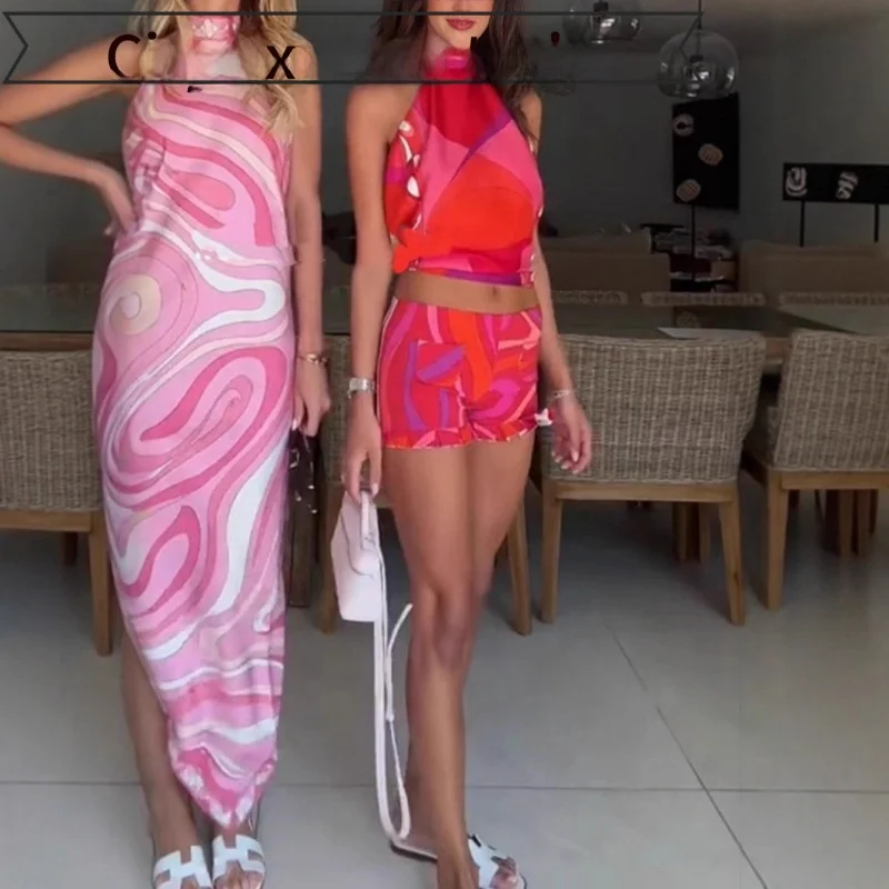 

Printed Casual Linen Loose Sexy Bal Top with Belt Independent Station Holiday Sle Women's Faion Summer Svel