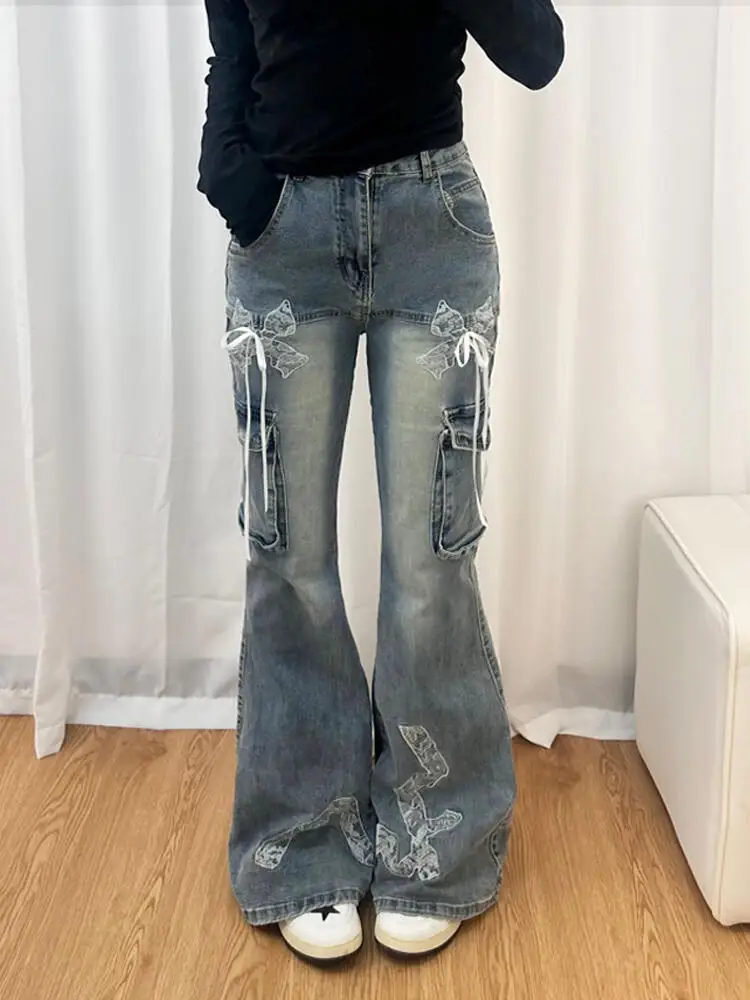 Y2K Flare Low Rise Jeans Pants For Woman Cargo Baggy Trousers Aesthetic Streetwear Pockets Hippie Denim Bell Bottom CasualOutfit