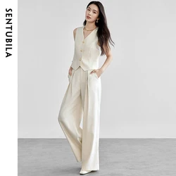 SENTUBILA Women's Pant Sets Slim Crop Vest Linen Blend Folds High-waist Wide-leg Pant New In Matching Sets 2026 Spring 151Z58274